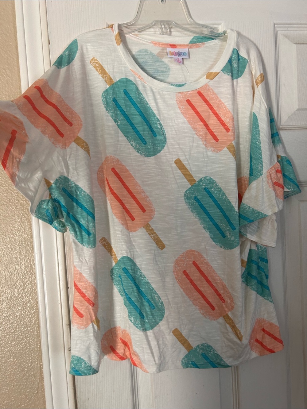 LuLaRoe Short Sleeve Tee - White with Coral & Teal Popsicles